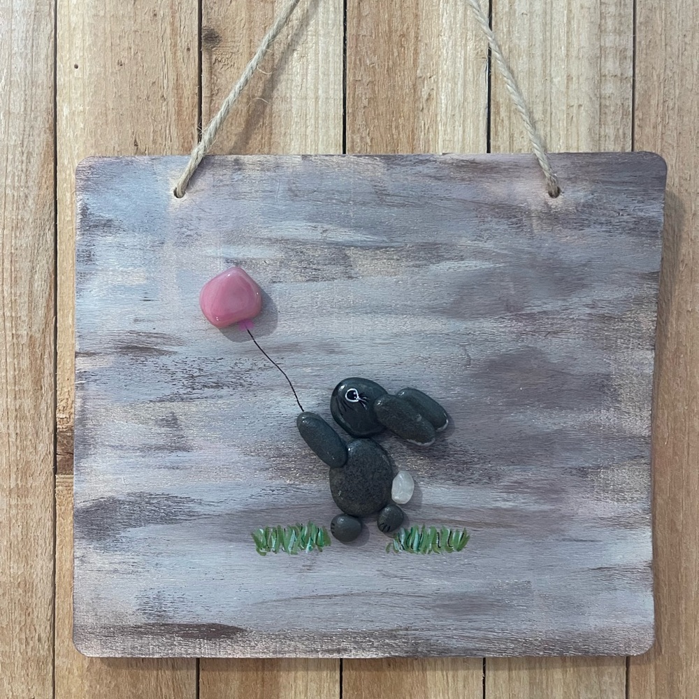 Easter Pebble Art Wall Hanging with Pink Agate Balloon- Whimsical Spring Decor